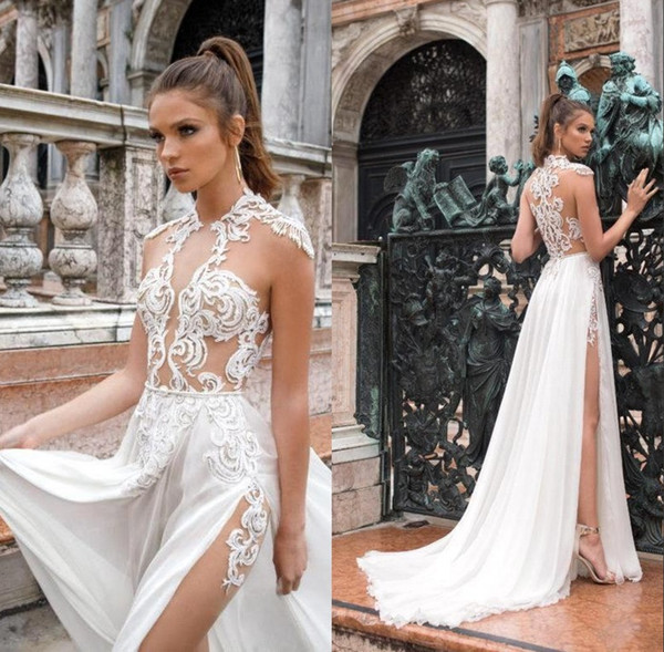 Sexy Full Illusion Chiffon Wedding Dresses Lace Appliques A Line Side Splits Bridal Gown Beach robe de mariee BC1439