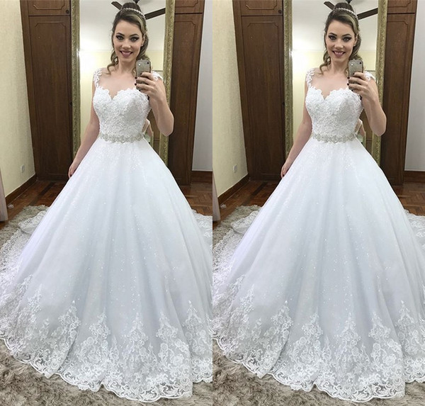 Ball Off Shoulder Gown Lace Wedding Dresses with Sash Appliques Illusion Long Sleeve Tulle Bridal Gown vestido de novia