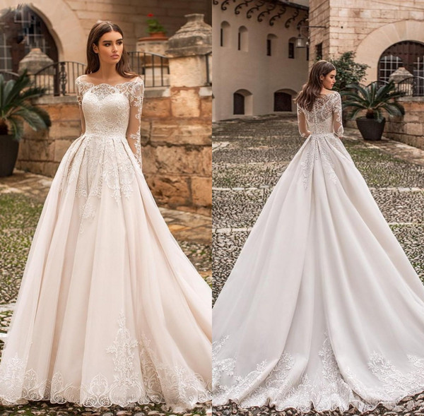 Elegant Sheer Long Sleeve Wedding Dresses Lace Appliques A Line Tulle Bridal Gown Bateau Arabic Dubai robe de mariee