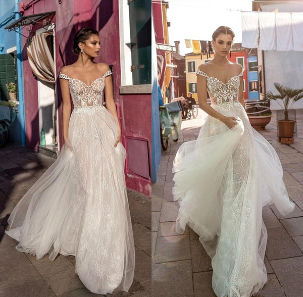 Bohemia Sexy Off Shoulder Beach Wedding Dresses Lace Appliques A Line Tulle Bridal Gown Arabic Dubai robe de mariee BC1419