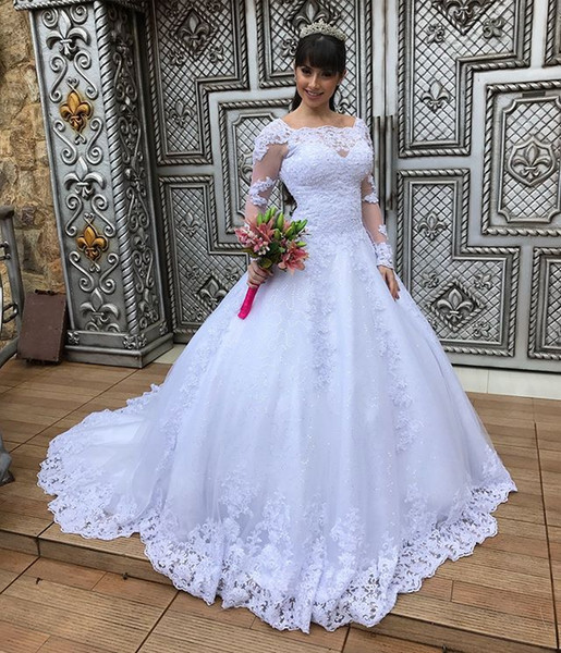 Vintage Jewel Neck Lace Wedding Dresses Full Appliques Illusion Long Sleeve Sweep Train Tulle Bridal Gown vestido de novia