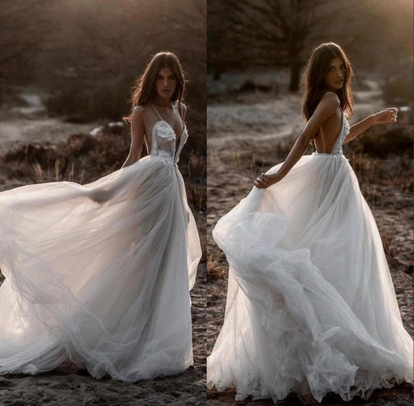 Sexy Deep V Neck Spaghetti Wedding Dresses Appliques Open Back A Line Sweep Train Bridal Gown Beach Wedding vestido de novia BC1711