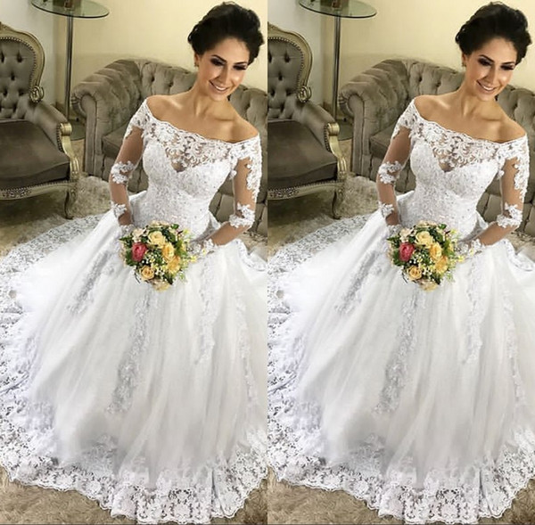 Bateau Long Sleeve Elegant Wedding Dresses Lace Appliques Sweep Train Tulle Bridal Gown vestido de novia