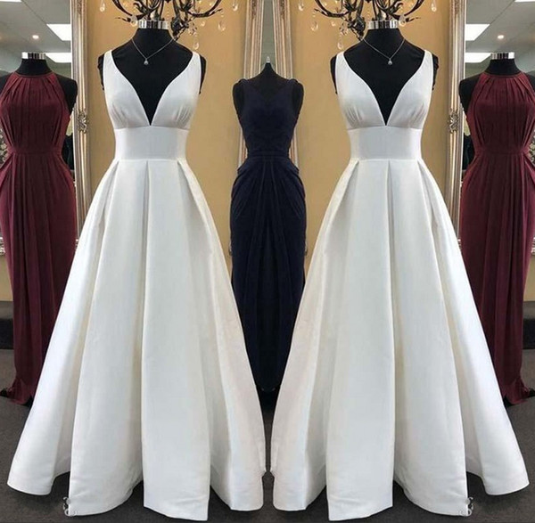 Empire Waist Simple A Line Wedding Dresses Deep V Neck Floor Length Satin Bridal Gown vestido de novia BC1575