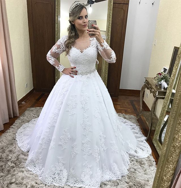 Vintage Long Sleeve A Line Wedding Dresses Lace Appliques Sweep Train Tulle Bridal Gown Wedding vestido de novia