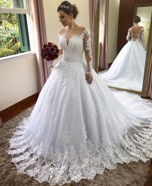 Modern Sheer Neck Long Sleeve A Line Wedding Dresses Lace Appliques Illusion Back Sweep Train Bridal Gown Wedding vestido de novia