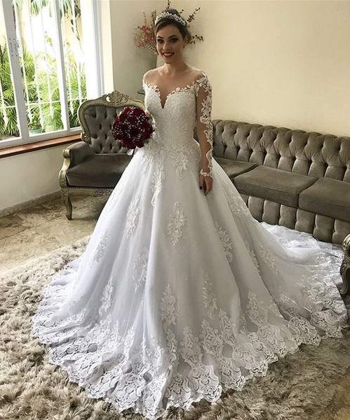 Illusion Jewel Neck Long Sleeve Wedding Dresses Lace Appliques Sweep Train Tulle Bridal Gown vestido de novia