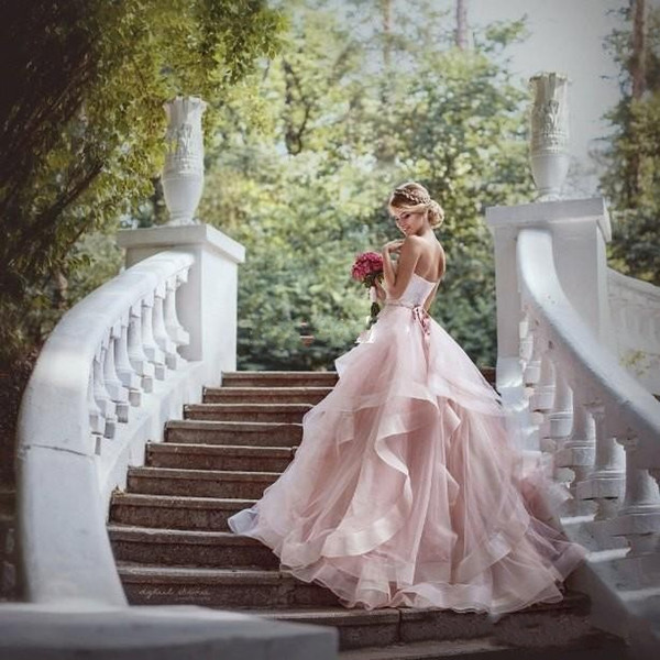 Blush Pink Piping Ruffle A Line Wedding Dresses Sweetheart Neck Sash Tulle Bridal Gown robe de mariee BA6671