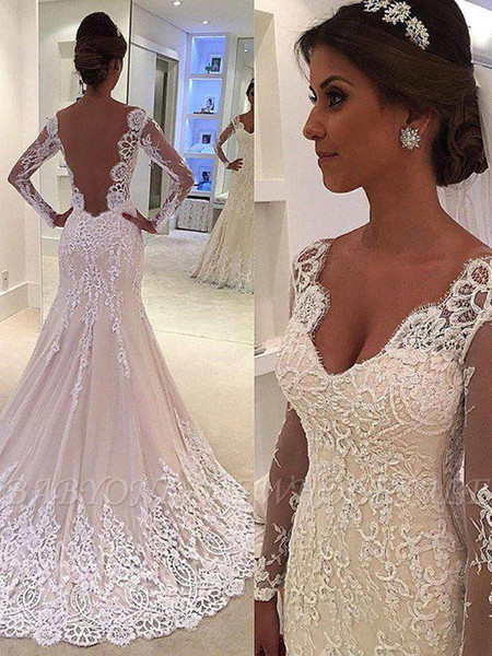 Elegant Sheer Long Sleeve Lace Wedding Dresses Scoop Lace Appliques Illusion Back A Line Bridal Gown Beach robe de mariee BC1506