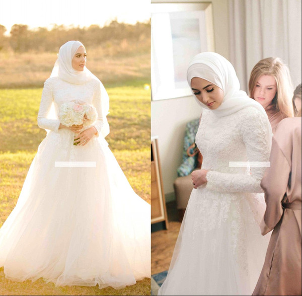 Modest Long Sleeve Muslim Wedding Dresses with Lace Appliques A Line Tulle Bridal Gown robe de mariee BC1533