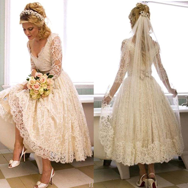 Tea Length A Line Lace Wedding Dresses Long Sleeve V Neck Appliques Cheap Bridal Gown Garden Wedding vestido de novia BC1070