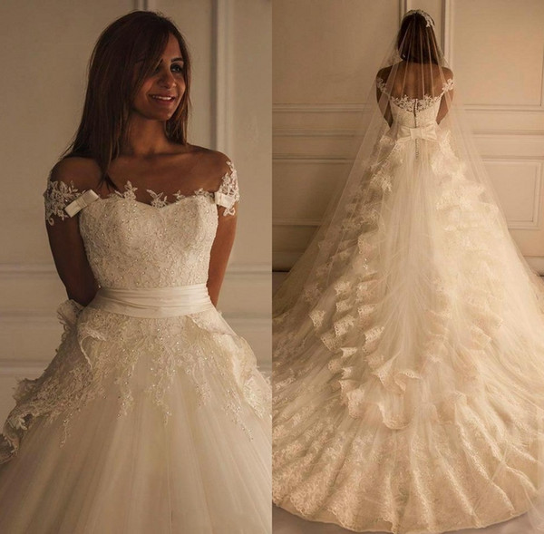 Gorgeous Off Shoulder Wedding Dress Ruffle Sweet Train Tulle Bridal Gown Bow Sash Robe de mariee BC1102