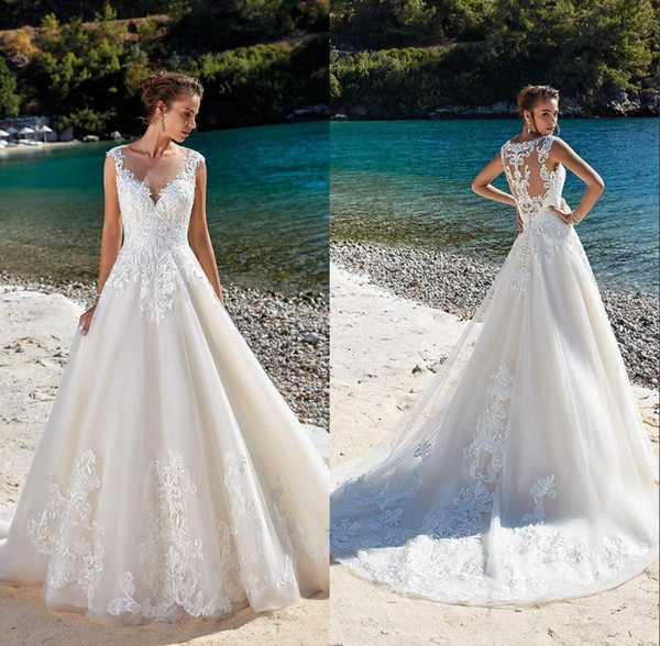 Sheer V Neck Beach Wedding Dresses Lace Appliques Bridal Gown A Line Tulle vestido de novia BC1310