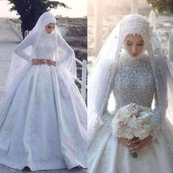 Modest Muslim Long Sleeve Wedding Dresses High Neck Lace Appliques Bridal Gown vestido de novia BC1283