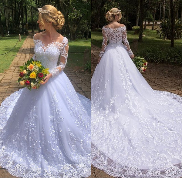 Sheer Jewel Neck A Line Wedding Dresses Lace Appliques Sweep Train Bridal Gown vestido de novia