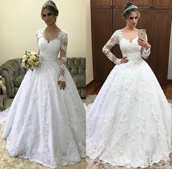 Sheer Jewel Neck Wedding Dresses Lace Appliques Long Sleeve Sweep Train Tulle Bridal Gown vestido de novia