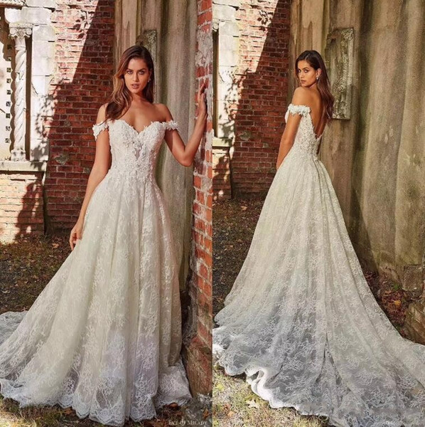 Elegant V Cut Back A Line Wedding Dresses Off Shoulder Lace Appliques Floor Length Bridal Gown vestido de novia