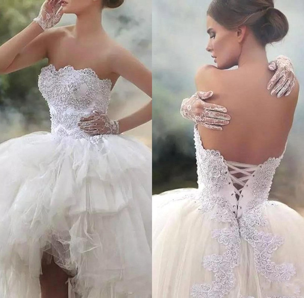 Sexy High-Low Lace-up Back Wedding Dresses Sweetheart Neck Lace Appliques A Line Tulle Bridal Gown Beads Sequins robe de mariee BC1132