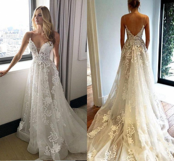 Summer Garden Deep V Neck Wedding Dresses Lace Appliques A Line Bridal Gown Cut Back Beach Tulle vestido de novia BC0900