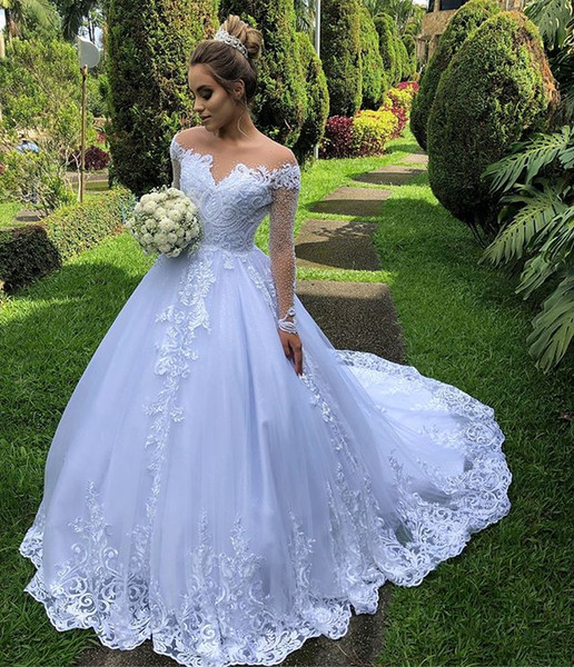 Beaded Illusion Long Sleeve Wedding Dresses A Line Sweep Train Lace Appliques Bridal Gown vestido de novia