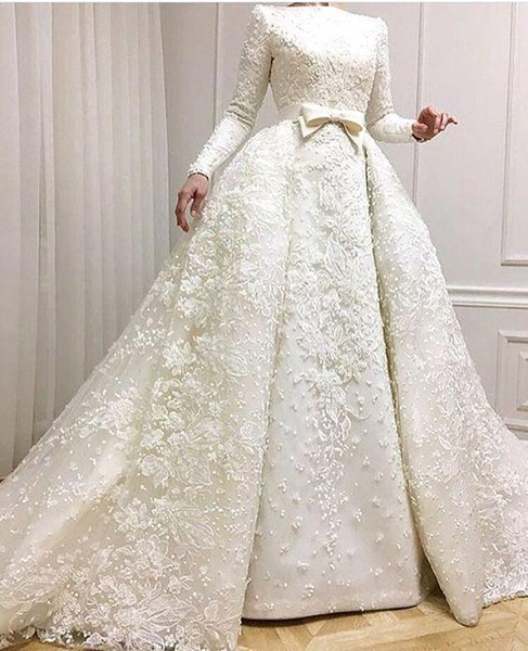 Modest Long Sleeve Muslim Wedding Dresses Bow Sash Beaded Lace Appliques Detachable Train Bridal Gown robe de mariee BA9362