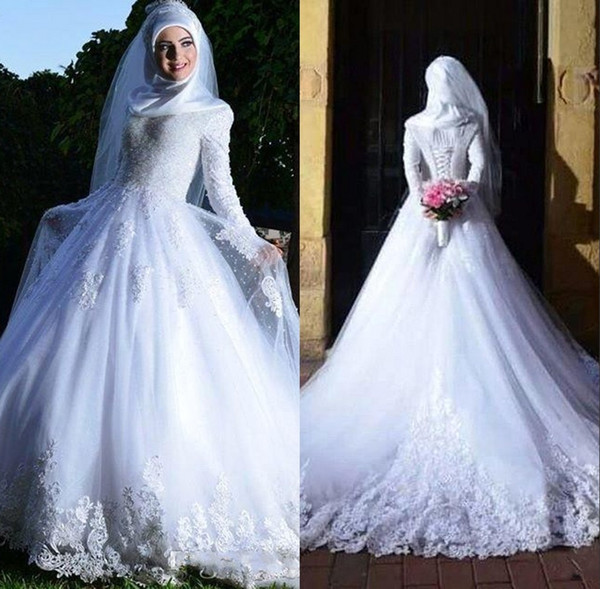 Vintage Muslim Long Sleeve Wedding Dresses Lace-up Back Appliques Tulle Bridal Gown Beach vestido de novia BC1292