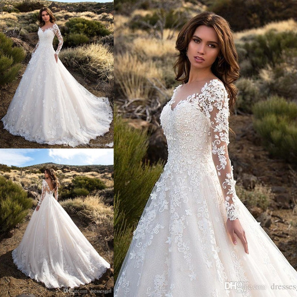 Elegant V Cut Back A Line Wedding Dresses Lace Appliques Long Sleeve Tulle Bridal Gown Beach robe de mariee BA6671