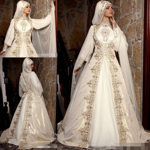 Muslim Arab Dubai Wedding Dresses High Neck Long Sleeve Gold Embroidery Bridal Gown With Hijab