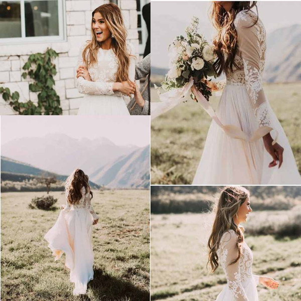 Bohemian Lace Long Sleeve Wedding Dresses New Arrival O Neck Chiffon Sweep Train Bridal Gown Autumn Country Style Dress For Wedding