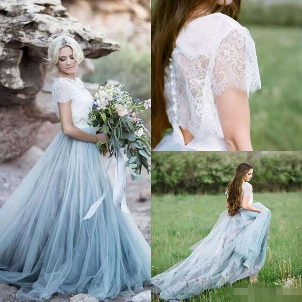 Fairy Beach Boho Lace Wedding Dresses A Line Soft Tulle Cap Sleeves Backless Light Blue Skirts Plus Size Bohemian Bridal Gown