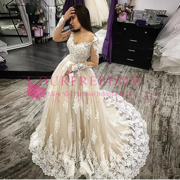 Vintage Champagne Long Sleeves Tulle Wedding Dresses Lace Appliques See Through Bride Dresses Sweep Train Vestidos De Boda