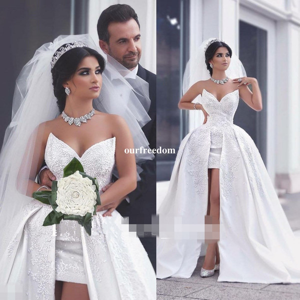 Said Mhamad Sweetheart Wedding Dresses Exquisite Appliques Detachable Train White Sweep Train Dubai Style Bridal Gown Custom Made