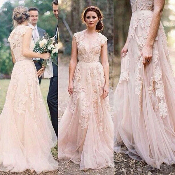 Rustic Style Pale Pink Cape Sleeve Wedding Dresses V Neck Appliques Lace Sweep Train Bohemian Style Bridal Gown Custom Made