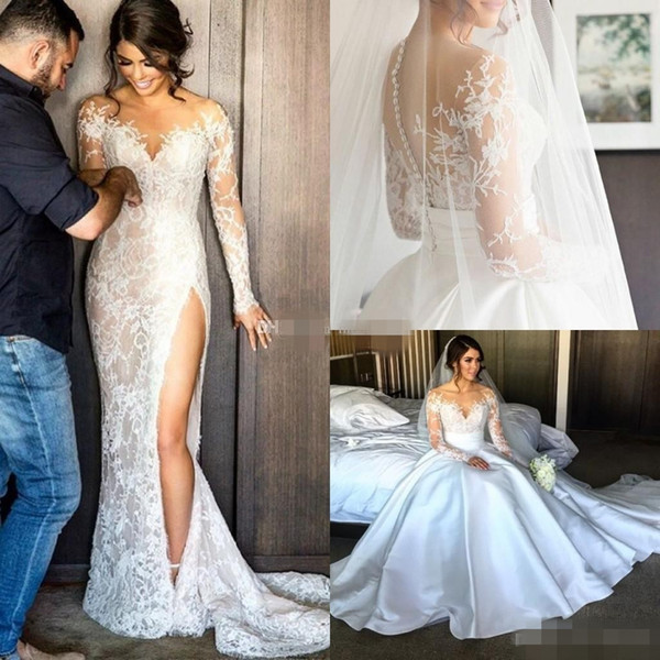 New Split Lace Steven Khalil Wedding Dresses With Detachable Skirt Sheer Neck Long Sleeves Sheath High Slit Overskirts Bridal Gown 2016