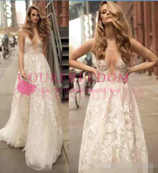 Berta Summer Boho Beach Lace Wedding Dresses Bridal Gowns V Neck Open Back A Line Floral Long Spaghetti Straps Wedding Gowns