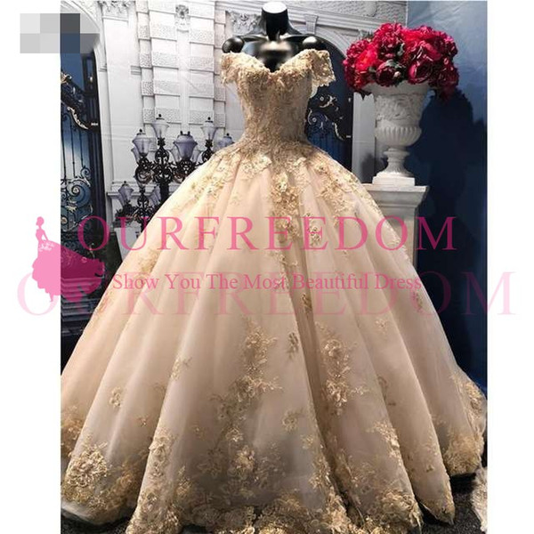 Dubai Light Champagne Lace Wedding Dress Appliques Floral Puffy Bridal Gowns Pearls Beaded Wedding Dresses Vestido De Novia