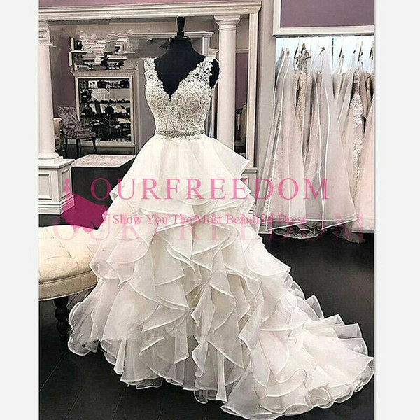 Elegant Chic V Neck Wedding Dresses A Line Lace Appliques Ruffles Tiered Skirts Sweep Train Bridal Gown Cheap Hot Sale