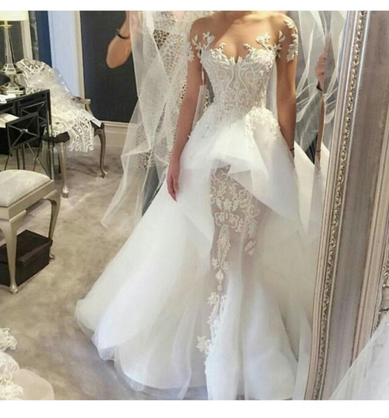 2017 Lace sheer lace Wedding Dresses Short Sleeves Illusion Back Beaded Appliques Court Train Overskirts Bridal Gowns Vestidos Custom Made