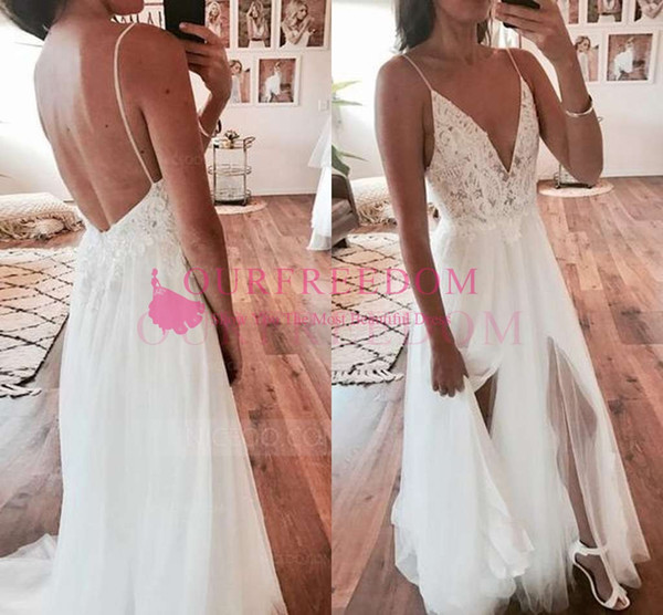 Spaghetti Strap V Neck Wedding Dresses Open Back Side Split Long Tulle Bohemian Beach Garden Bride Gowns Hot Sale