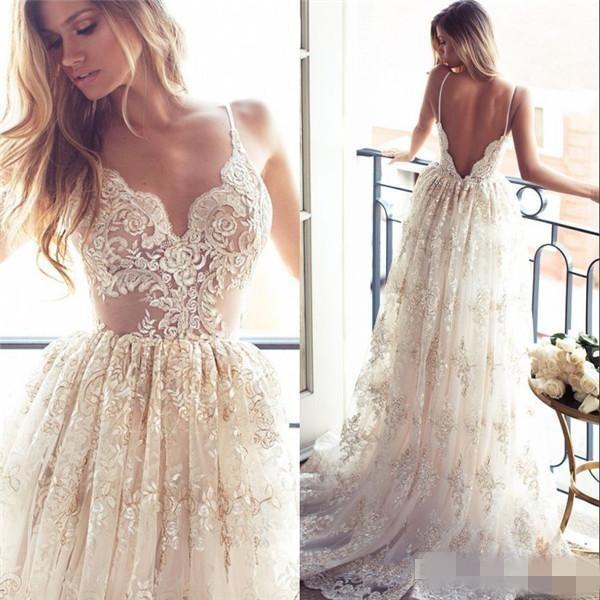 Full Lace A Line Wedding Dresses Sexy Spaghetti Neck Backless Wedding Gowns Sweep Train Spring Beach Vintage Illusion