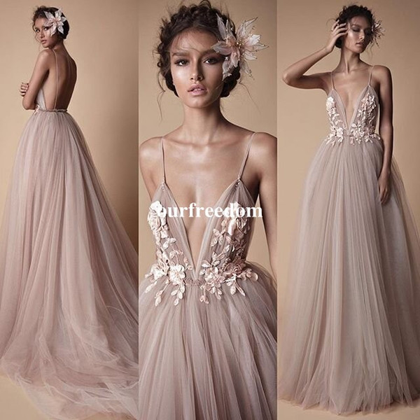 Berta New Style Spaghetti Straps V Neck Wedding Dresses Blush Pink With 3D Flora Appliques A Line Floor Length Bridal Gown Custom Made