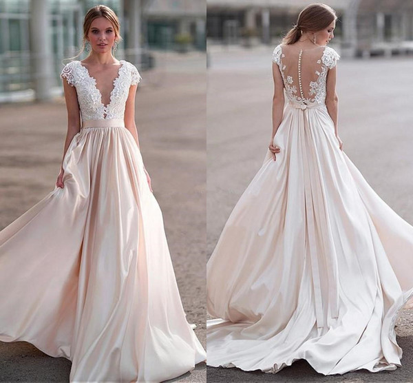 elegant deep v neck Wedding Dresses new cheap Bridal Gowns custom made Sash sexy Backless with button Elastic stain vestido de novia