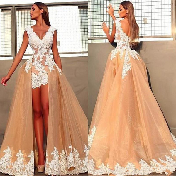 Sexy A Line Wedding Dresses with detachable train custom made cheap Appliques Lace Backless Summer Bohemian Beach V Neck Bridal Gowns