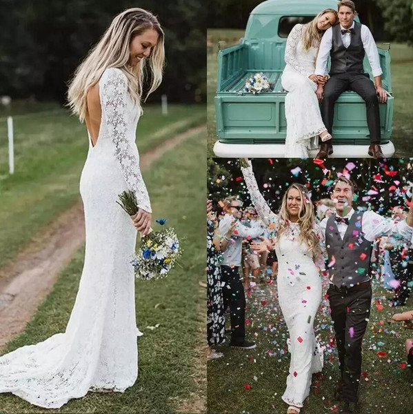 Boho Bohemia Plus Size Full Lace Wedding Dresses Sexy Backless Long Sleeves Custom Made Bridal Gowns sweep train Vestido De Novia