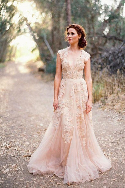 Cheap Country A Line Wedding Dresses V Neck Full Lace Appliques Blush Pink Champagne Long Sweep Train custom made Acra Formal Bridal Gowns