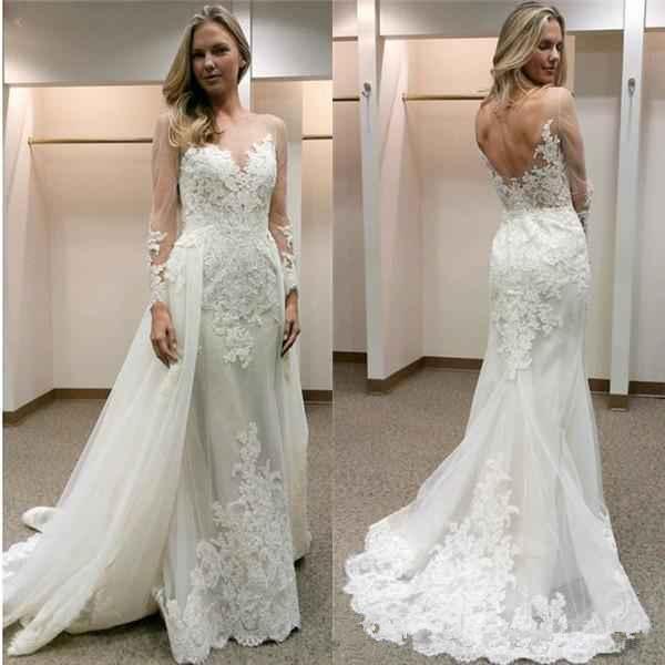 New Designer White Wedding Dresses With Detachable Train Illusion Long Sleeves Lace Appliques Backless Wedding Bridal Gowns