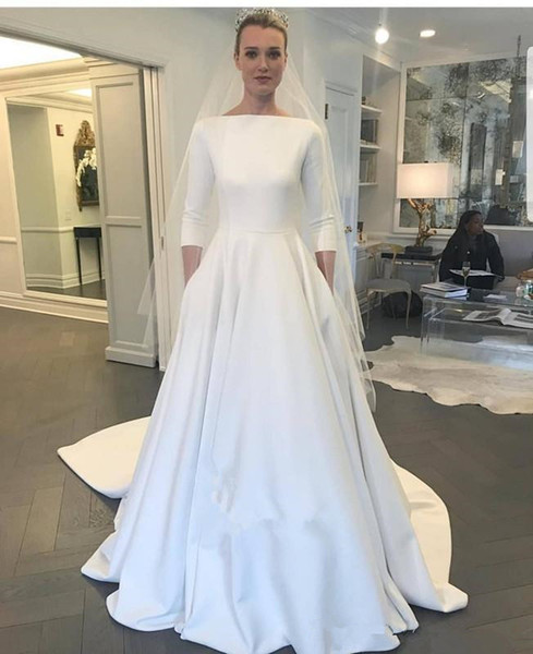 British elegant Meghan Markle Style new Long Sleeves A Line Wedding Dresses Sweep Train Covered Buttons white Custom Made nobel Bridal Gowns