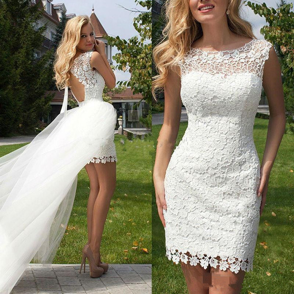 Simple Full Lace Wedding Dresses with Detachable Train New Scoop Short Mini Backless Short Wedding Dresses custom made Bridal Gowns