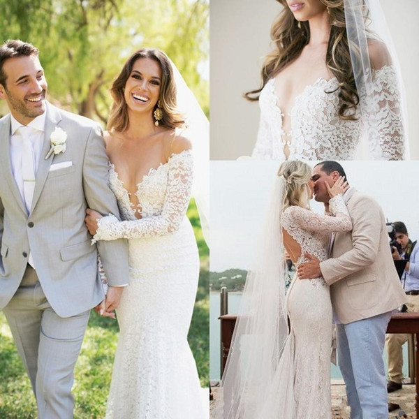 Sexy Cheap V-Neck Mermaid Wedding Dresses Lace Sheer Long Sleeves Backless Sweep Train Bridal Gowns Garden Vestidos Custom Made