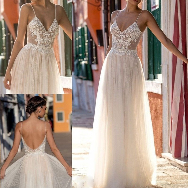 sarahbridal Beach A Line Wedding Dress sexy sweep Chiffon of high quality custom made V Neck Applique Backless Bridal Gown Custom New